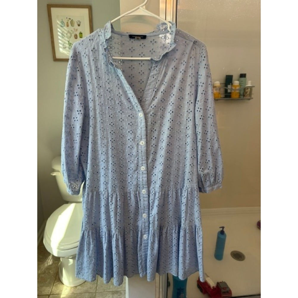 Tommy Hilfiger Blue Eyelet Embroidered Cotton Tiered Shirt Dress Size 6
